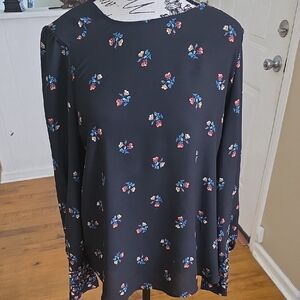 LOFT Black Floral Long-Sleeve Blouse with Blue and Pink Accents